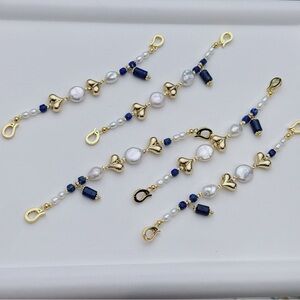 X659 Handmade Coin Freshwater Baroque Pearl Lapis Multi-Purpose Extension Chain